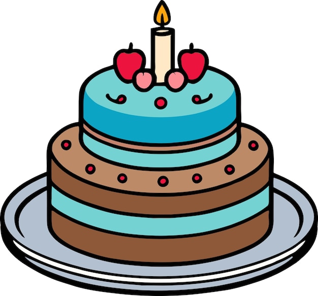 Birthday wedding tart cake with candle in flat color vector design in white background