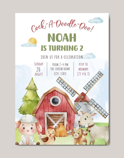 Vector birthday with farmland theme watercolor invitation card