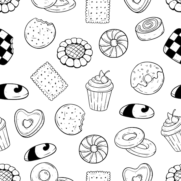 biscuit and cookies food in seamless pattern with hand drawn style