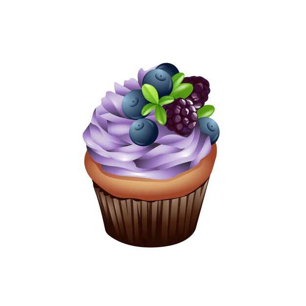 Vector biscuit cupcake with purple topping cream and berries vector illustration