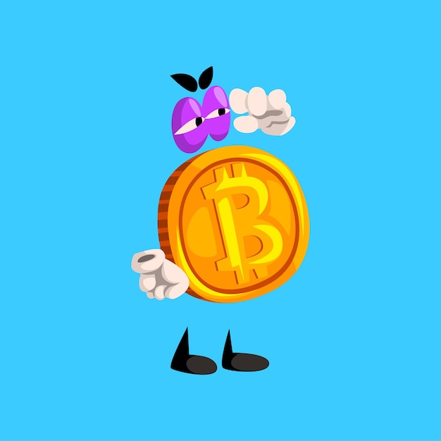 Bitcoin character, funny crypto currency emoticon vector Illustration isolated on a sky blue background.