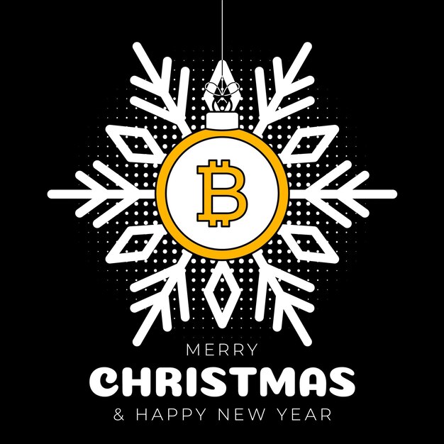 Bitcoin christmas greeting card Merry Christmas and Happy New Year outline style flat cartoon Sports banner bitcoin as a xmas ball on black background Vector illustration