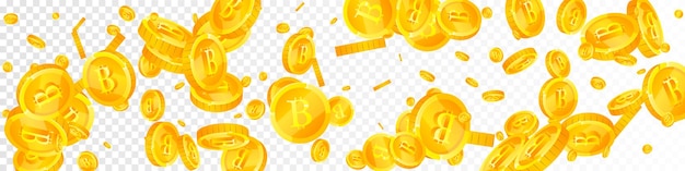 Bitcoin coins falling Cryptocurrency scattered