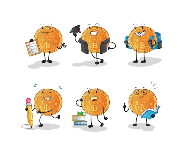 Bitcoin education set character. cartoon mascot vector