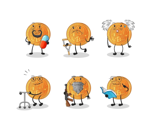 Bitcoin elderly character. cartoon mascot vector