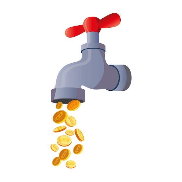 Bitcoin faucet. water tap with coins, vector illustration