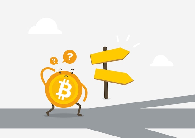 Bitcoin in front of a choice of the way. Cryptocurrency cartoon concept.