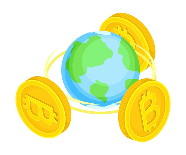 Bitcoin Gold Coins Rotating Around Globe Vector Isometric Illustration