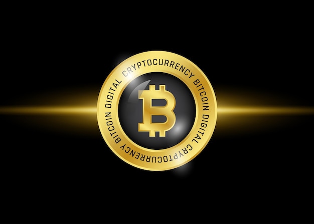 Bitcoin icon logo template. Digital Crypto currency symbol. Golden coin on black background