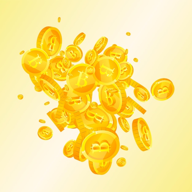 Bitcoin internet currency coins falling Classic scattered BTC coins Cryptocurrency digital money Powerful jackpot wealth or success concept Vector illustration