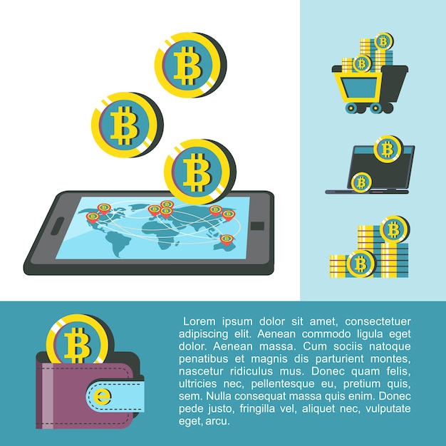 Bitcoin mining. Conceptual illustration. Bitcoin mining icons. Vector clipart.