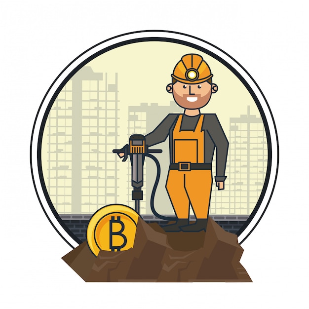 Bitcoin mining and worker with drill