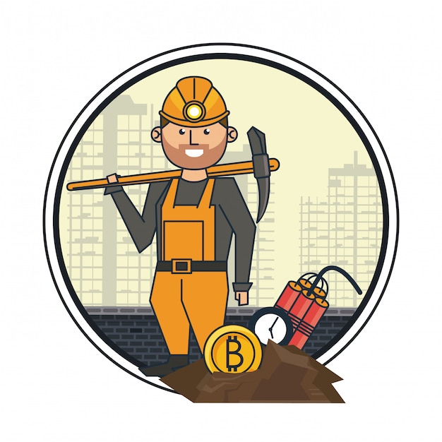 Bitcoin mining worker with pick and tnt