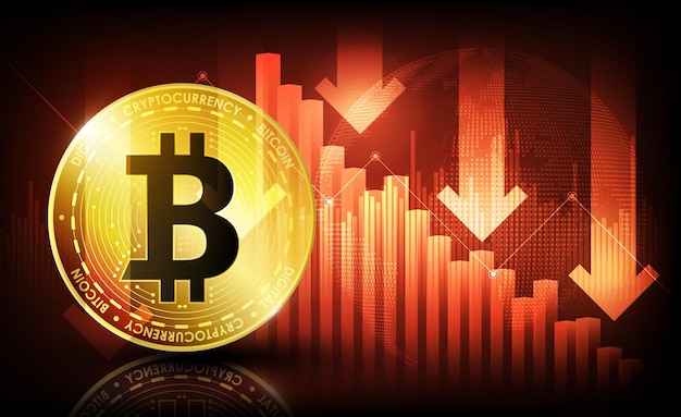 Bitcoin Price Falling concept Bitcoin digital cryptocurrency on red chart background