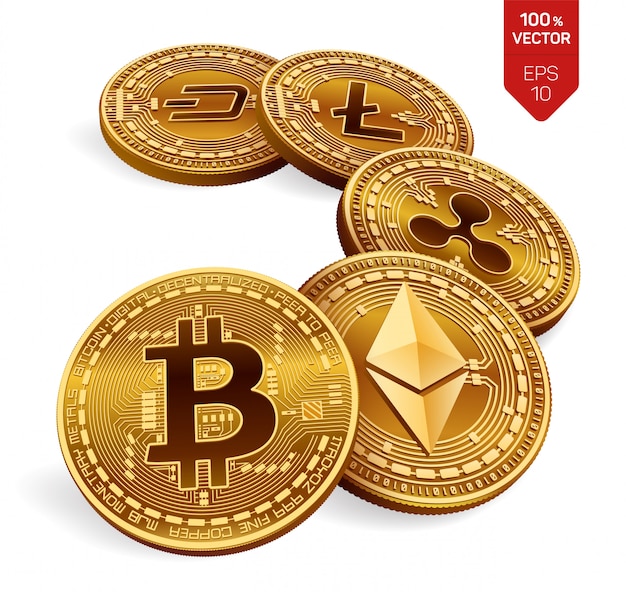 Bitcoin, Ripple, Ethereum, Dash and Litecoin physical coins cryptocurrency.