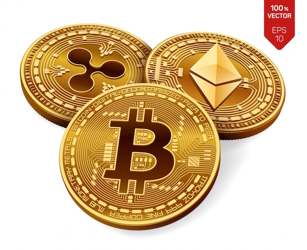 Bitcoin. Ripple. Ethereum. physical golden coins. Cryptocurrency.