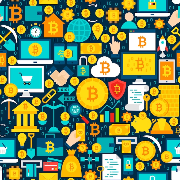 Bitcoin Tile Pattern. Vector Illustration of Seamless Background. Cryptocurrency Financial Items.