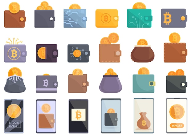 Bitcoin wallet icons set cartoon vector Money wallet