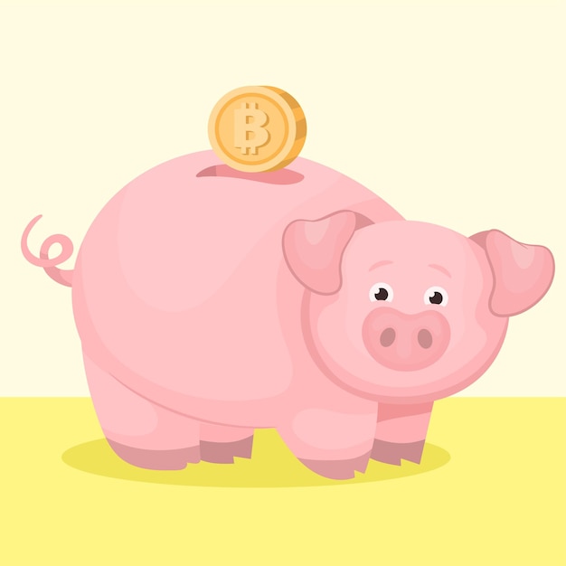 Bitcoin wallet save Pink pig bank with golden bit coin money