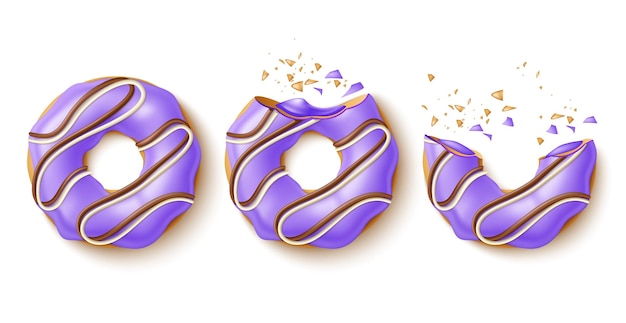 Vector biting donut eating process sweet pastries realistic sweet bakery product blueberry purple glaze chocolate and vanilla topping crumbs and pieces 3d elements utter vector isolated set