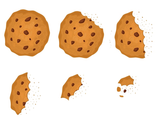 Bitten Chip Cookie with Chocolate Set Tasty Delicious Food Vector illustration of Sweet Snack or Homemade Dessert