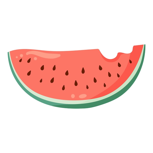 Bitten watermelon slice with vibrant green rind and red flesh with black seeds Flat vector illustration Summer fruit drawing for food graphic menu icon logos postcard greeting card invitation