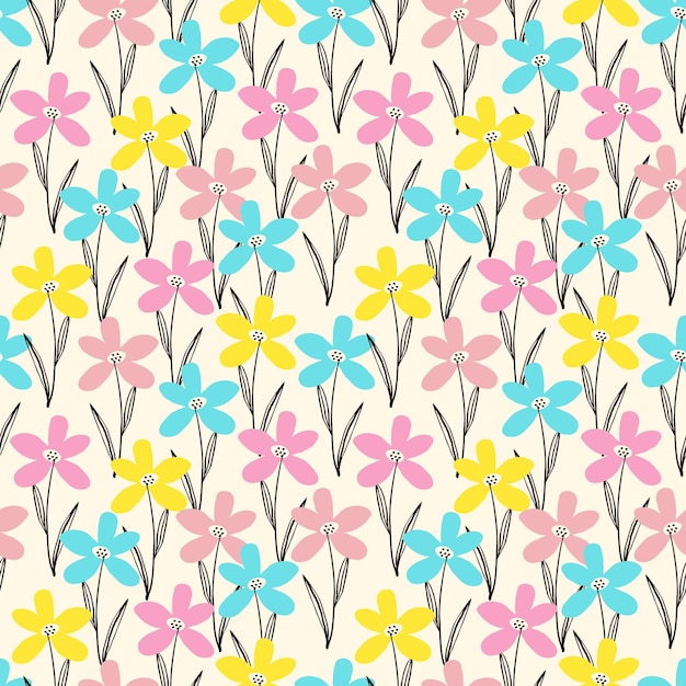 Bizarre spring wild flowers seamless pattern in doodle style