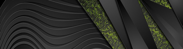 Black abstract corporate wavy banner with green dots