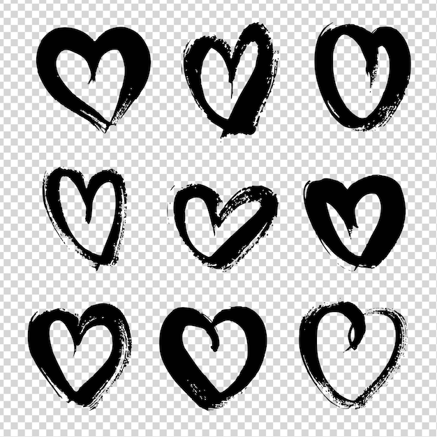 Black abstract different shapes hearts from textured brush strokes set on imitation transparent background