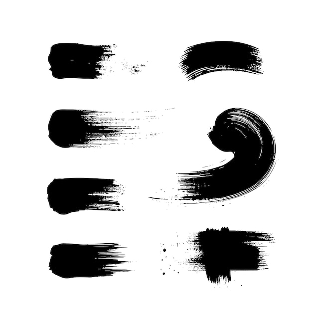 Vector black abstract paint brush stroke set on white background each with unique style