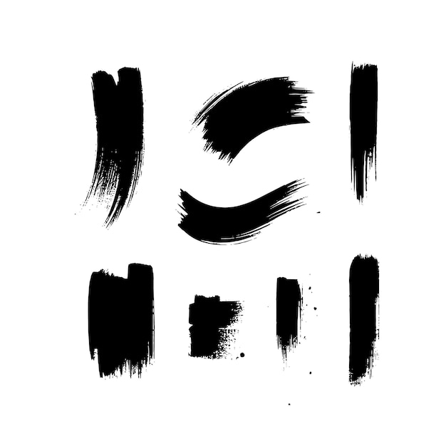 Black abstract paint Brush Stroke Set on white background Each with Unique Style