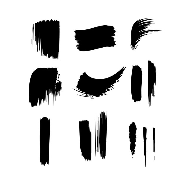 Black abstract paint Brush Stroke Set on white background Each with Unique Style