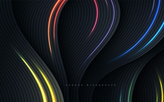 Black abstract wavy dimension background with colorful light decoration