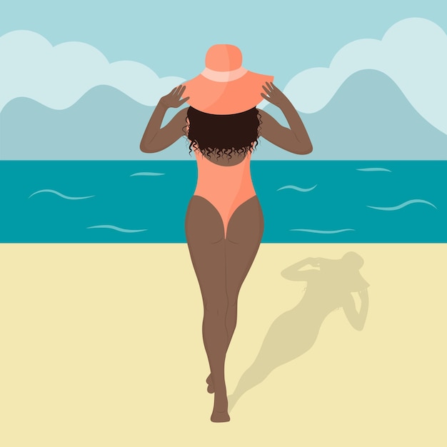 Vector black african american woman in a swimsuit and hat on the beach she is looking at the sea