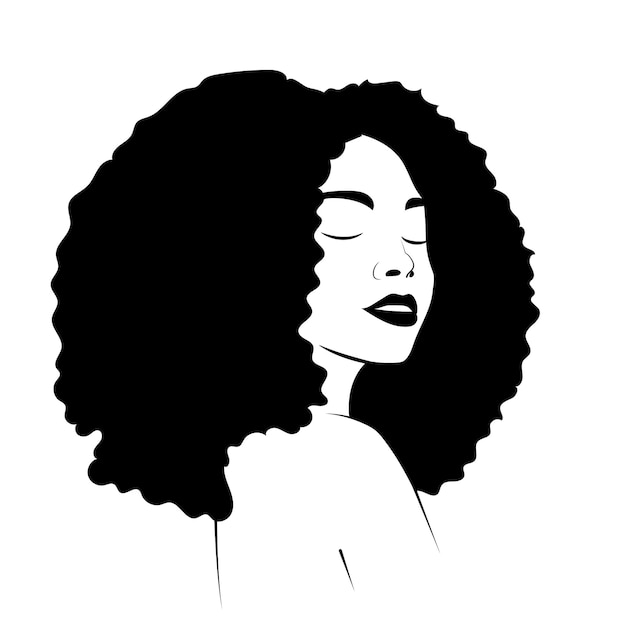 Black Afro African American girl woman lady vector portrait head face silhouette with natural waves hair puff hairstyle drawing illustration Logo for beauty salon T shirt print