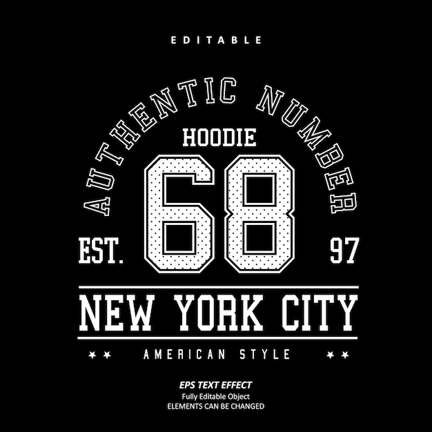 black American style authentic Hoodie Embroidery number custom text effect editable premium vector