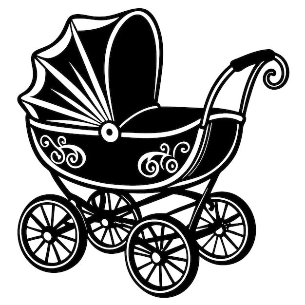 Vector a black baby carriage baby stroller for a newborn cartoon pram illustrated