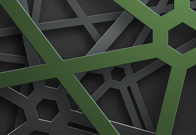 Vector black background of tangled lines in a web with a green hexagon on the points of intersection.