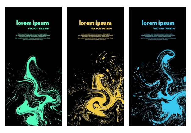 Black background with colored abstract ink splashes Vector set illustrations