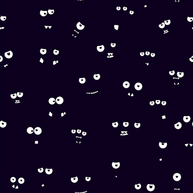 Black background with eyes Seamless vector pattern Cartoon emoticon faces in night