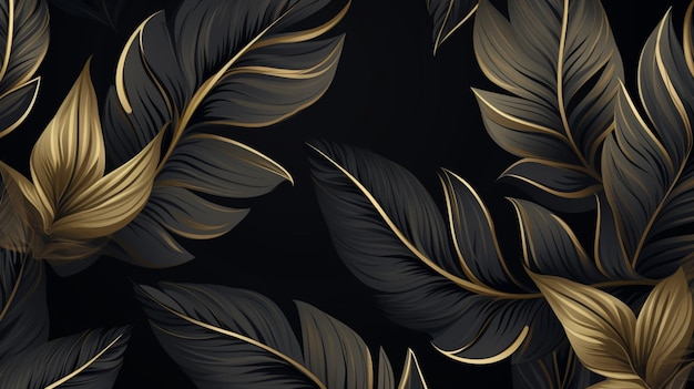 Vector a black background with feathers and leaves