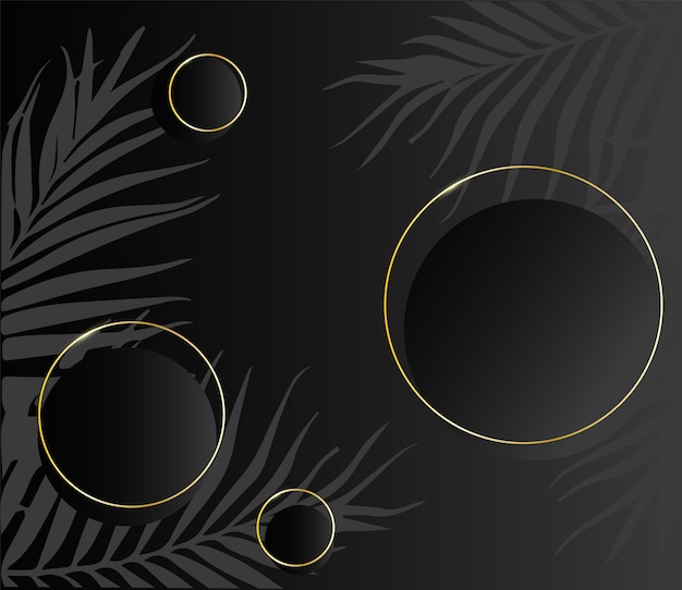 A black background with a gold circle and palm leaves.