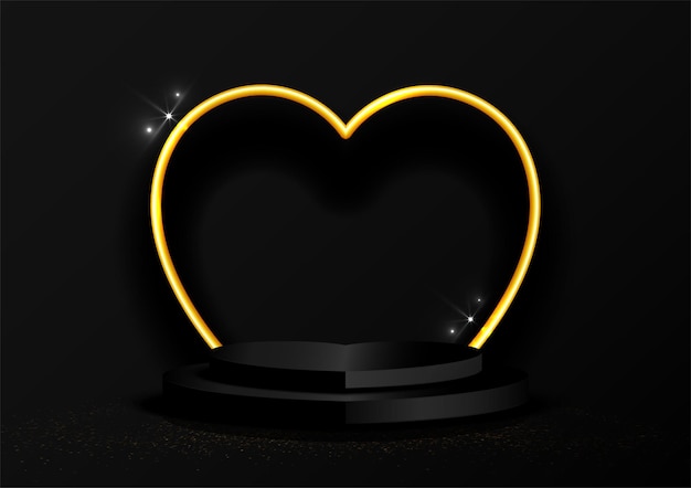 Black background with heart podium and heart golden metal shape in luxury style.