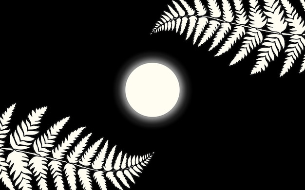 Black background with white tropical leaves and full moon