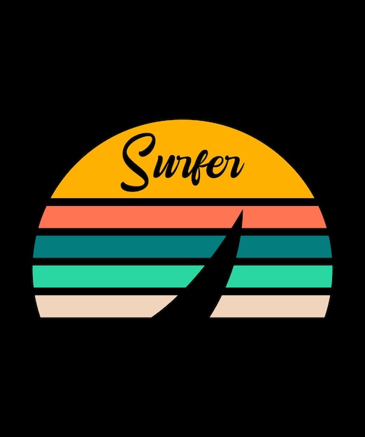 Vector a black background with a yellow and orange retro circle with the word surfer on it