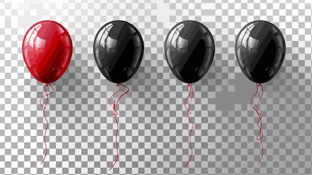 Vector black balloons with red ribbon on a transparent background