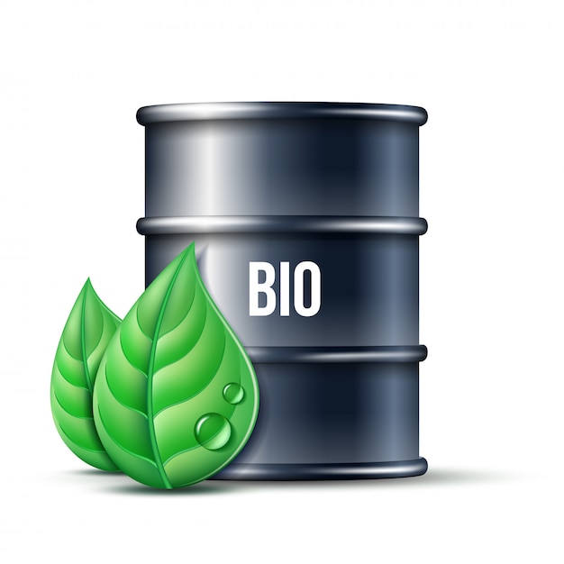 Black barrel of biofuel with word BIO and green leaves isolated, environment conceptual design. .