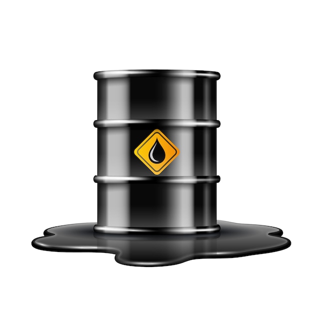 Black barrel with oil drop label on spilled puddle of crude oil.  illustration  on white background