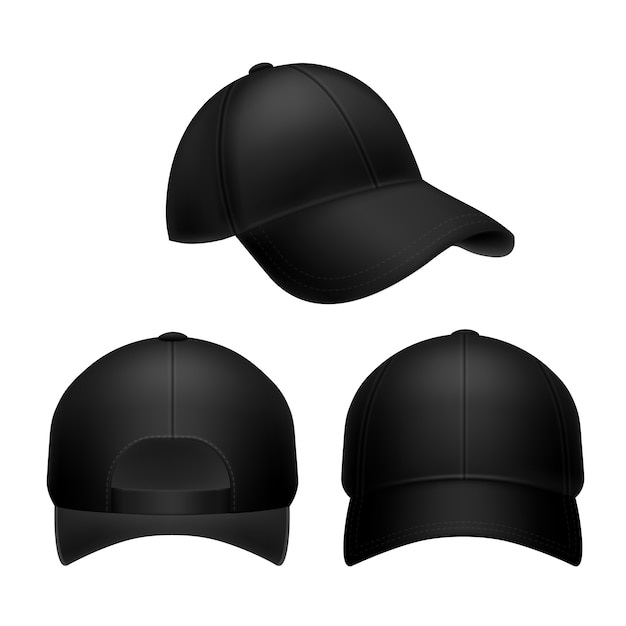 Black baseball cap. Empty hat, headwear caps in back, front and side view.