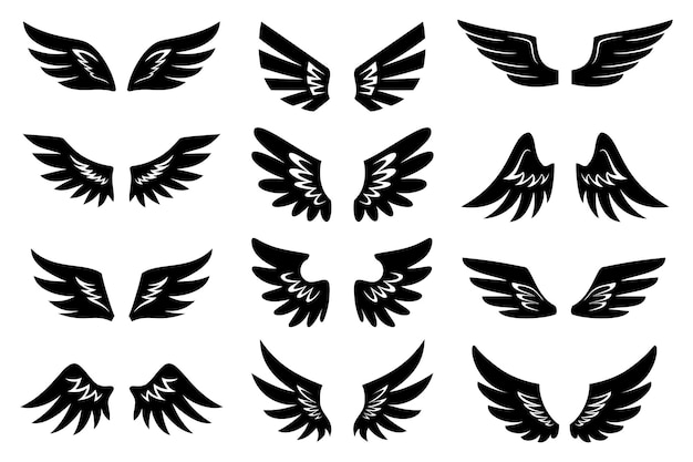 Black bird angel wing stamp set. Flight freedom symbol. Outline tattoo winged heraldic vintage sign